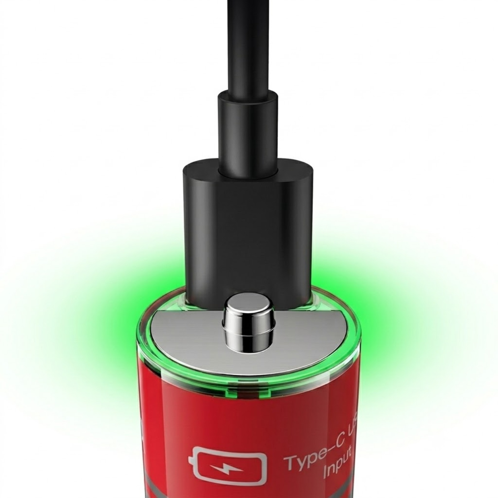 Un cavo di ricarica nero è inserito in un cilindro rosso con l'icona di una batteria.