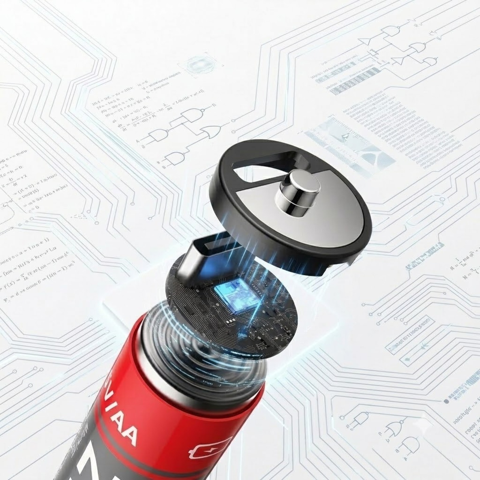 Vista esplosa di una batteria rossa con circuito stampato esposto e un anello.