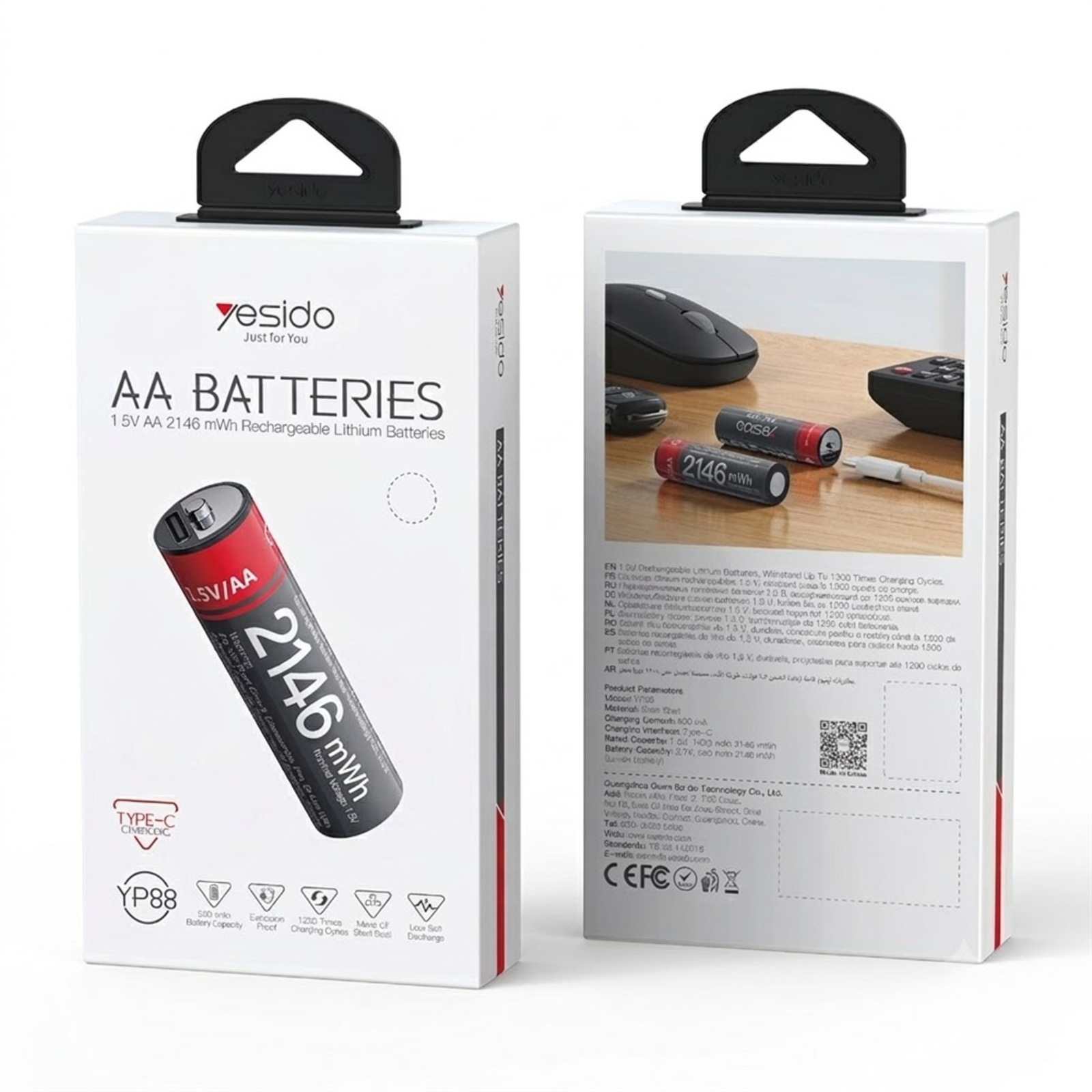 Confezione con batterie AA, testo: Batterie al litio ricaricabili AA da 1,5V 2146 mAh.