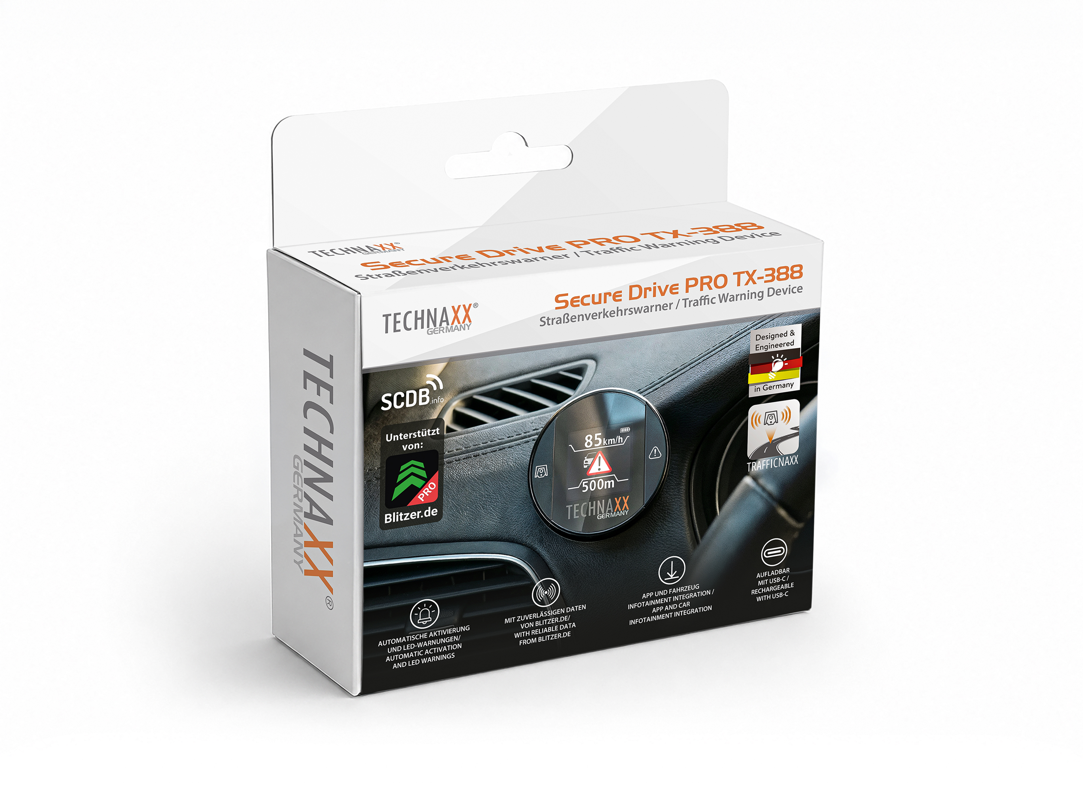 Verpackung für das TECHNAXX Secure Drive PRO TX-388 mit Auto-Display.
