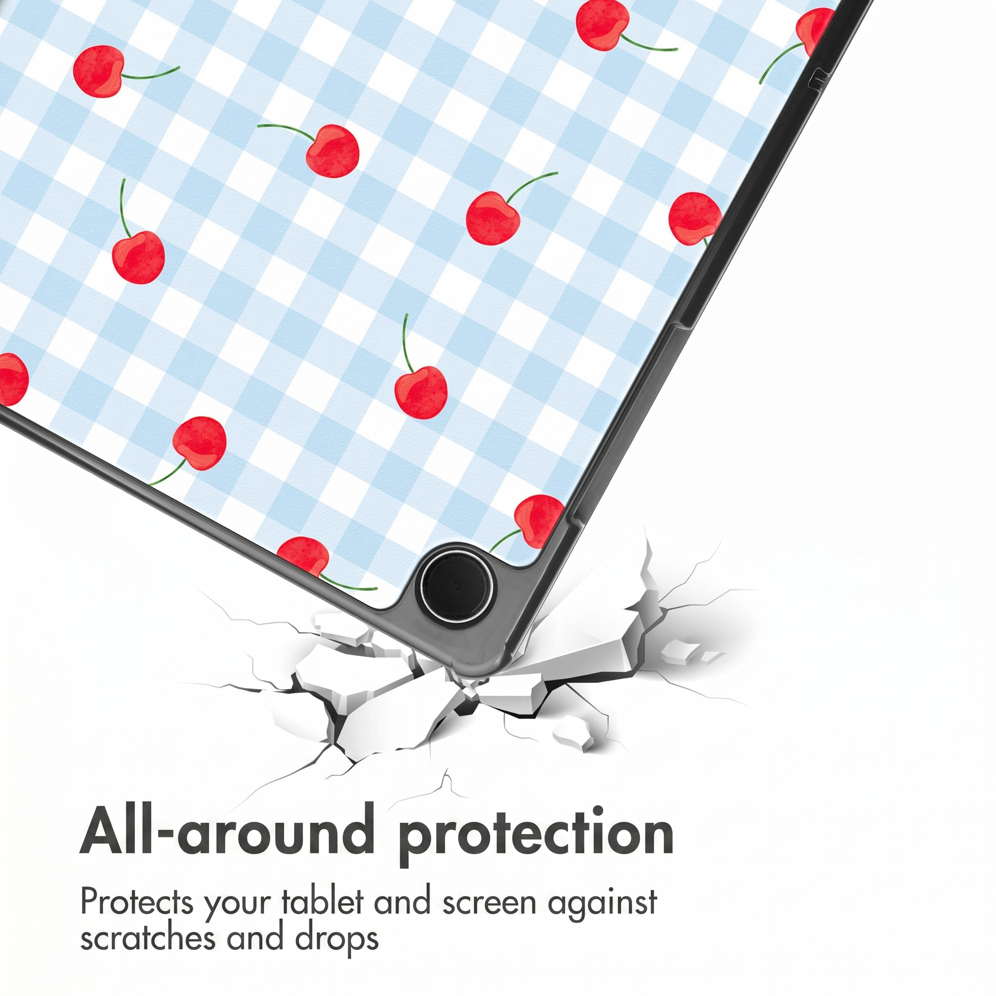 Tablet case with cherry pattern falls and breaks to show protection.
