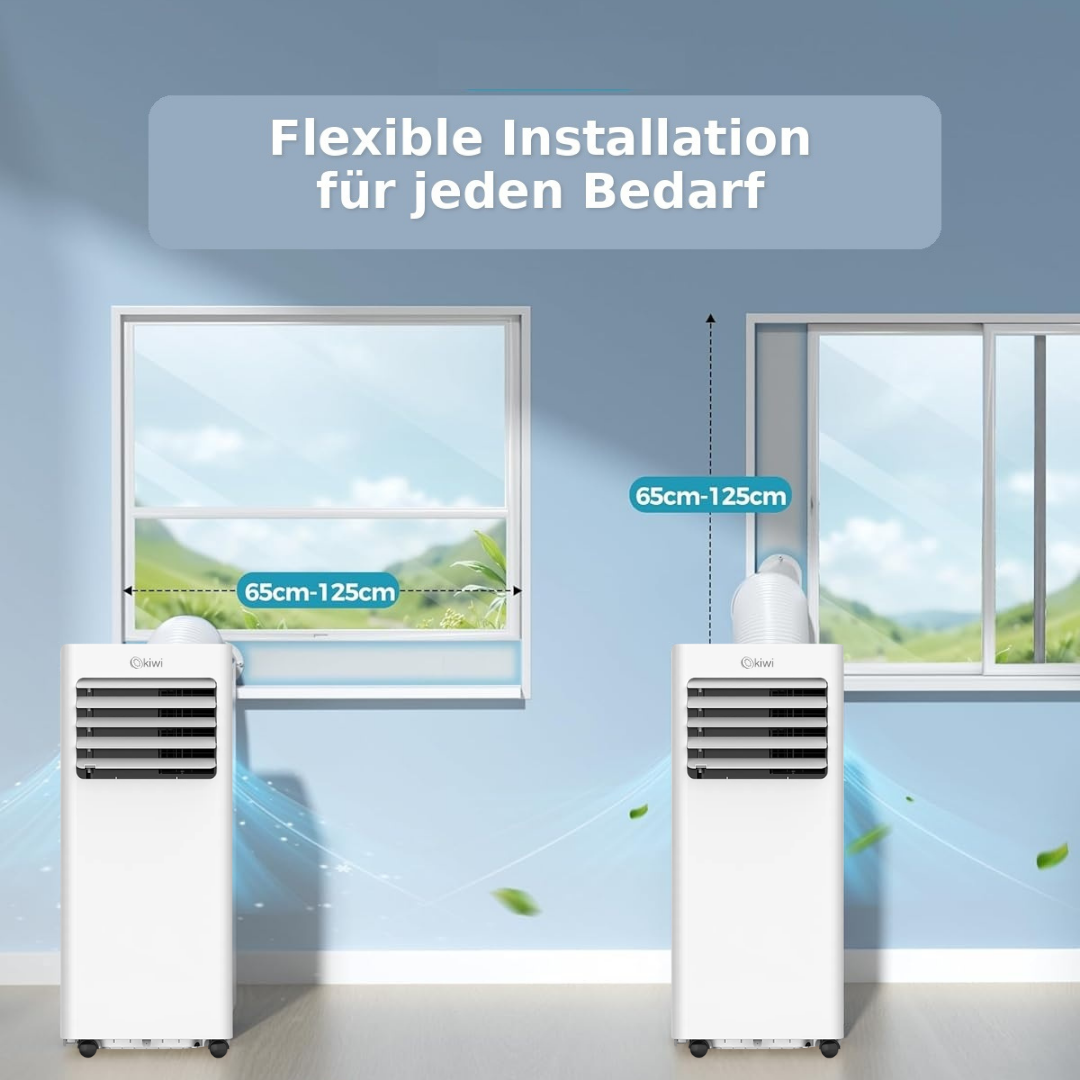 Zwei weiße mobile Klimageräte in flexiblen Fensterinstallationen.