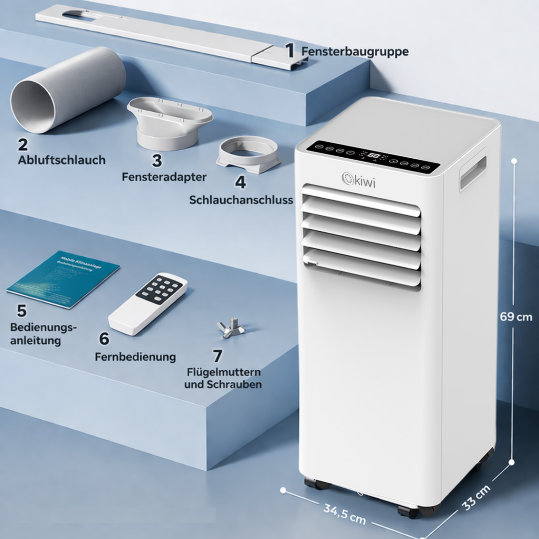 Ein weißer mobiler Klimaanlagen-Bausatz mit Zubehör und Fernbedienung.