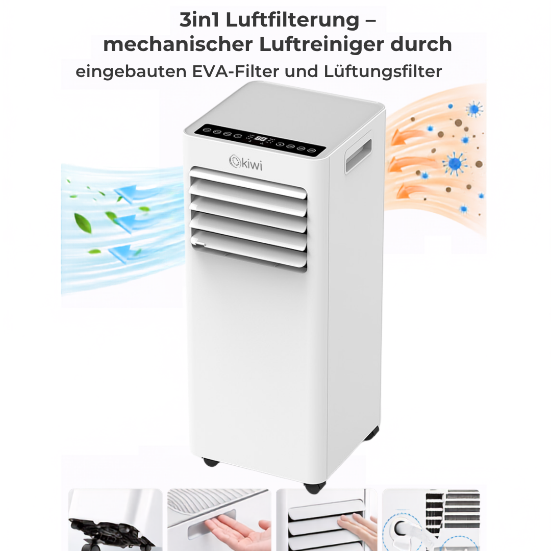 Ein weißer Luftreiniger mit Lüftungsschlitzen und einem Display. Luft strömt von links herein und von rechts heraus.