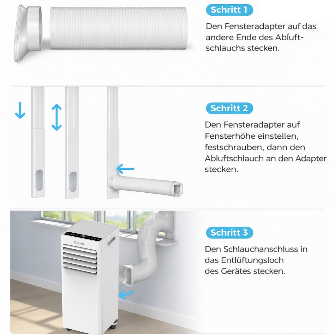 Schritt 1: Abluftschlauch an Fensteradapter stecken. Schritt 2: Adapter anpassen u. befestigen. Schritt 3: Schlauch an Gerät stecken.