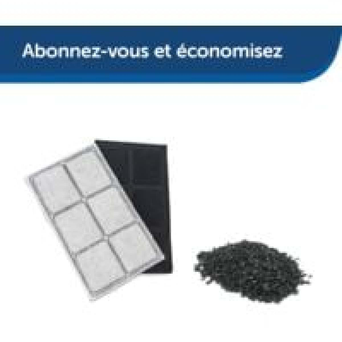 Ein schwarzes Filterpad mit sechs weißen Quadraten und eine Gruppe schwarzer Granulate.