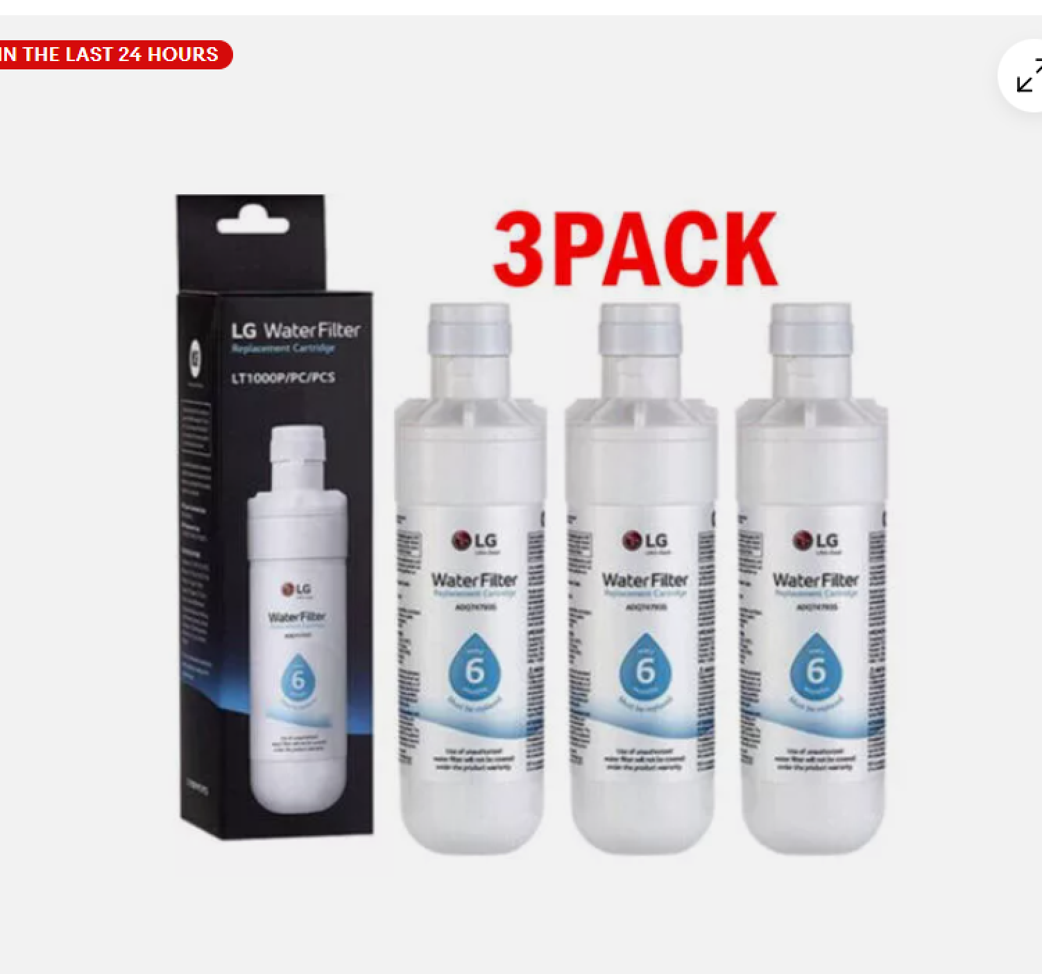 Eine Box und drei LG-Wasserfilter mit der Aufschrift „3 PACK“ und „Water Filter“.