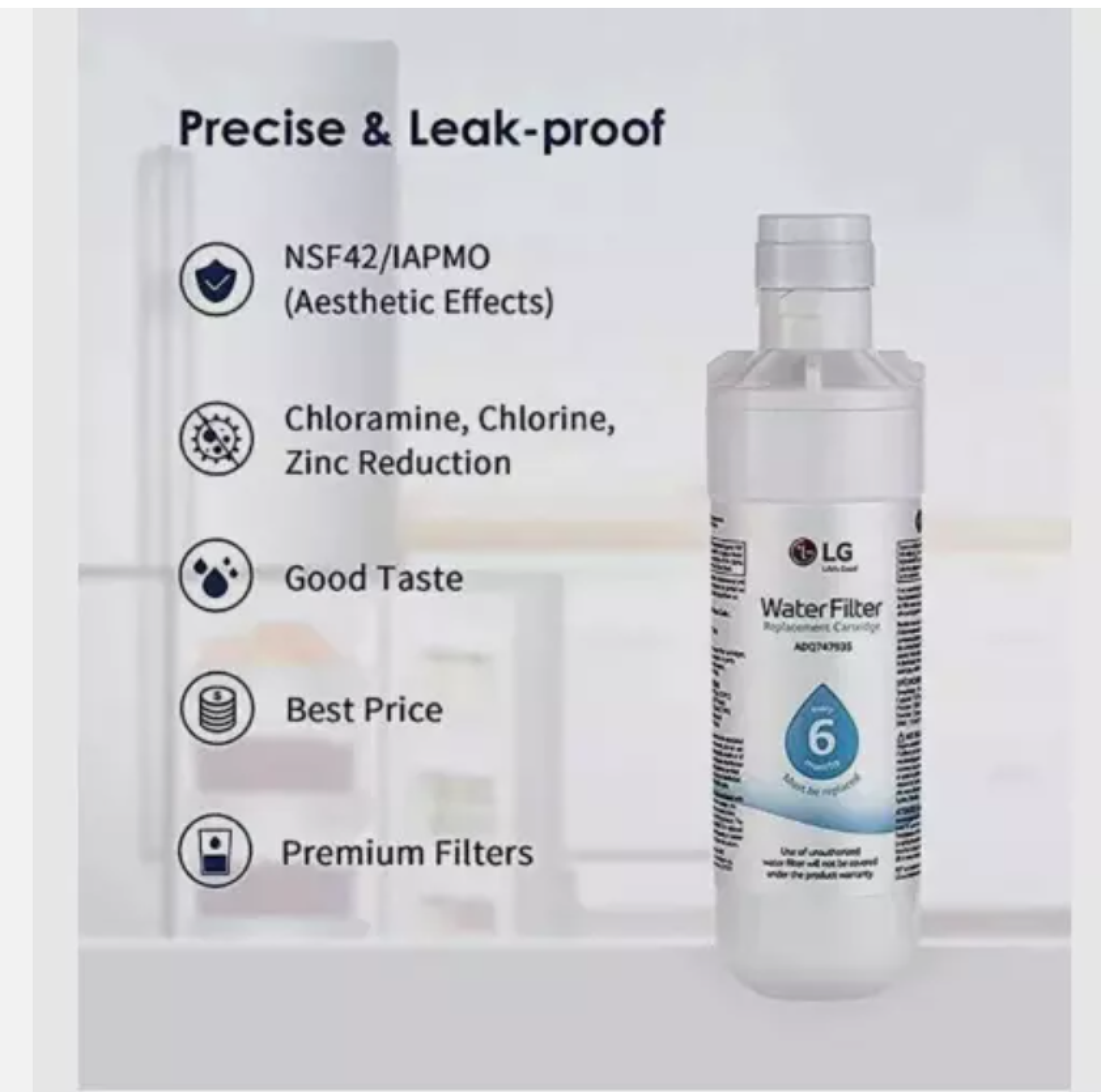 LG Wasserfilter-Ersatzkartusche mit NSF42/IAPMO-Zertifizierung, reduziert Chloramin und Chlor.