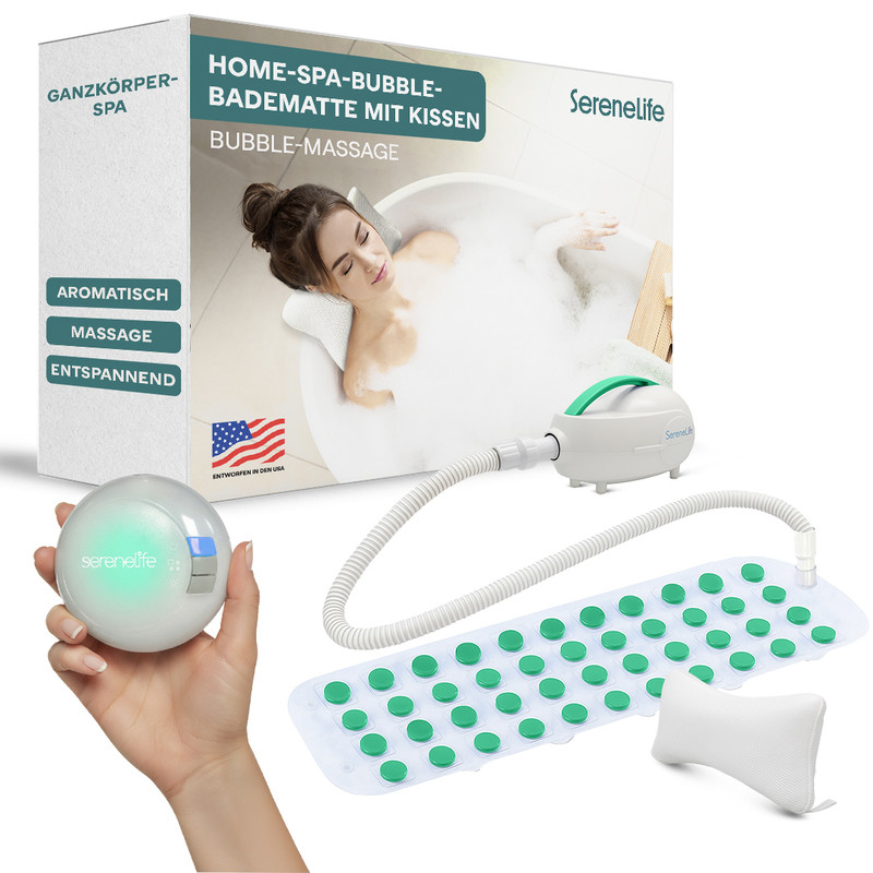Ein aufblasbares Badewannen-Massagegerät mit Matte, Pumpe und Kissen