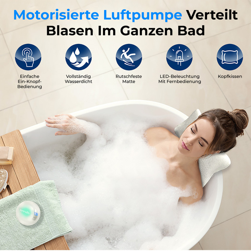 Frau in Badewanne mit Schaum, mit Luftpumpe, Kissen und LED-Licht.