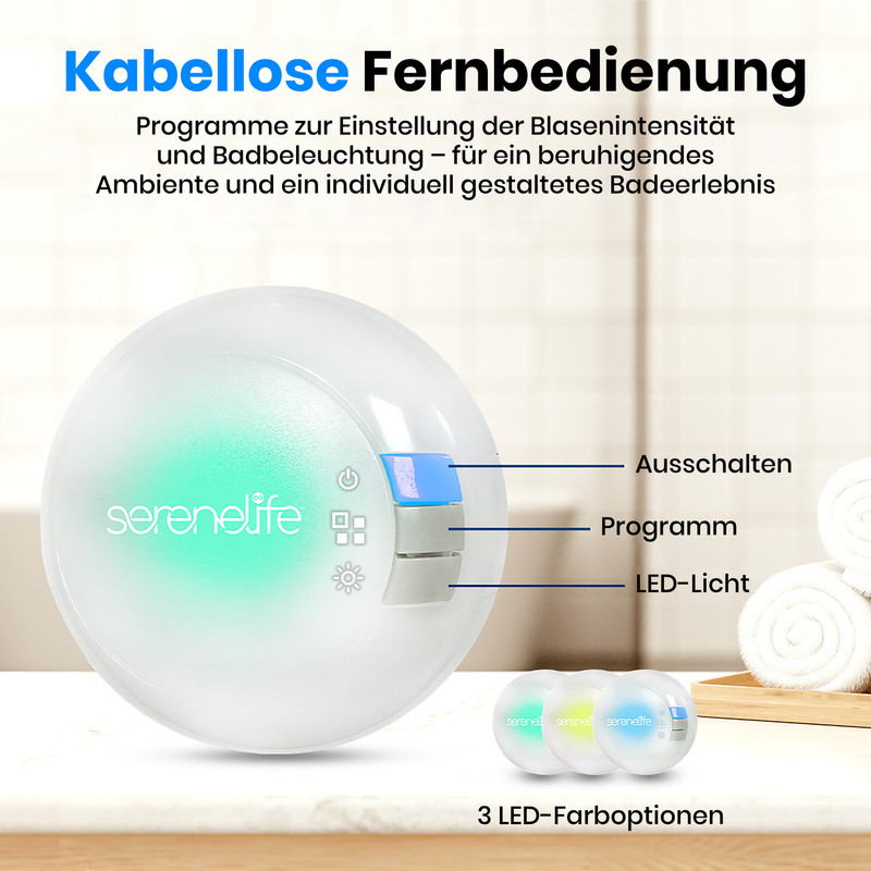 Weiße Fernbedienung mit drei Knöpfen und leuchtendem Display. Mehrere Farben.