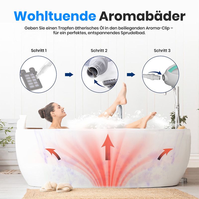 Frau in Badewanne mit Sprudel, drei Schritte zur Aromatherapie.