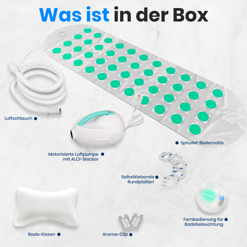 Ein Badewannen-Set mit Pumpe, Matte, Kissen, Schlauch, Clips und Fernbedienung.