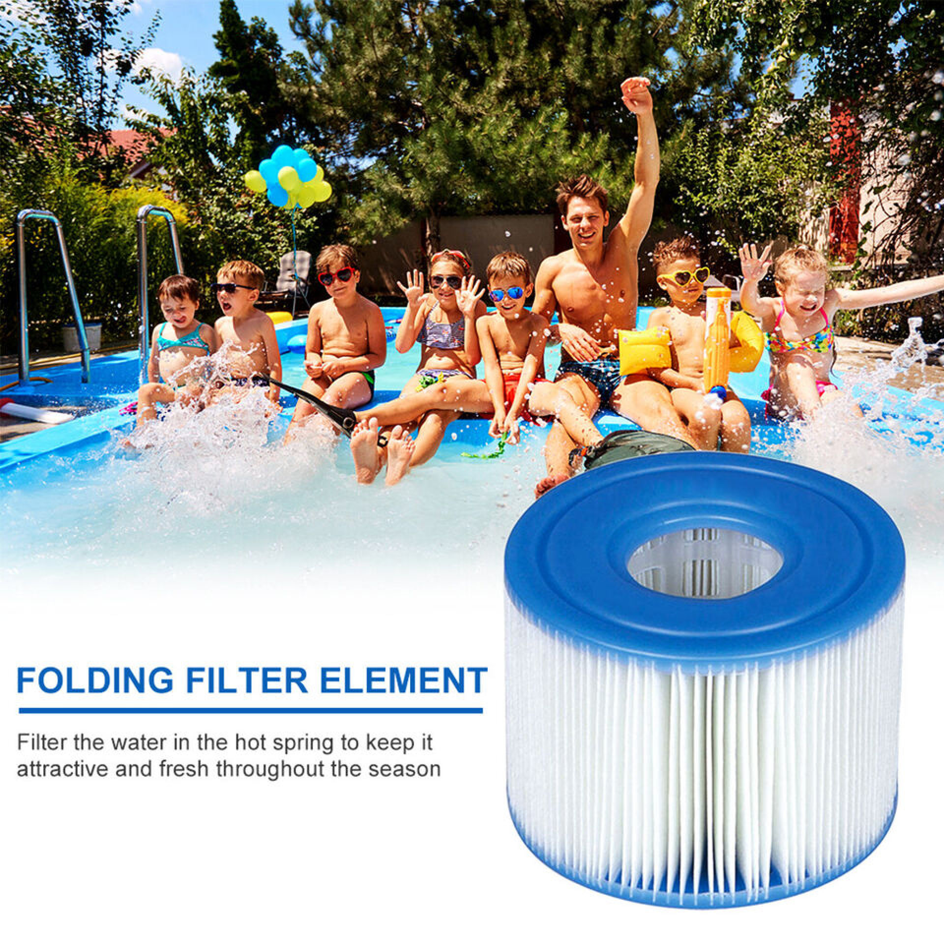 Ein Mann und Kinder planschen im Pool, ein Filterelement liegt vorne.