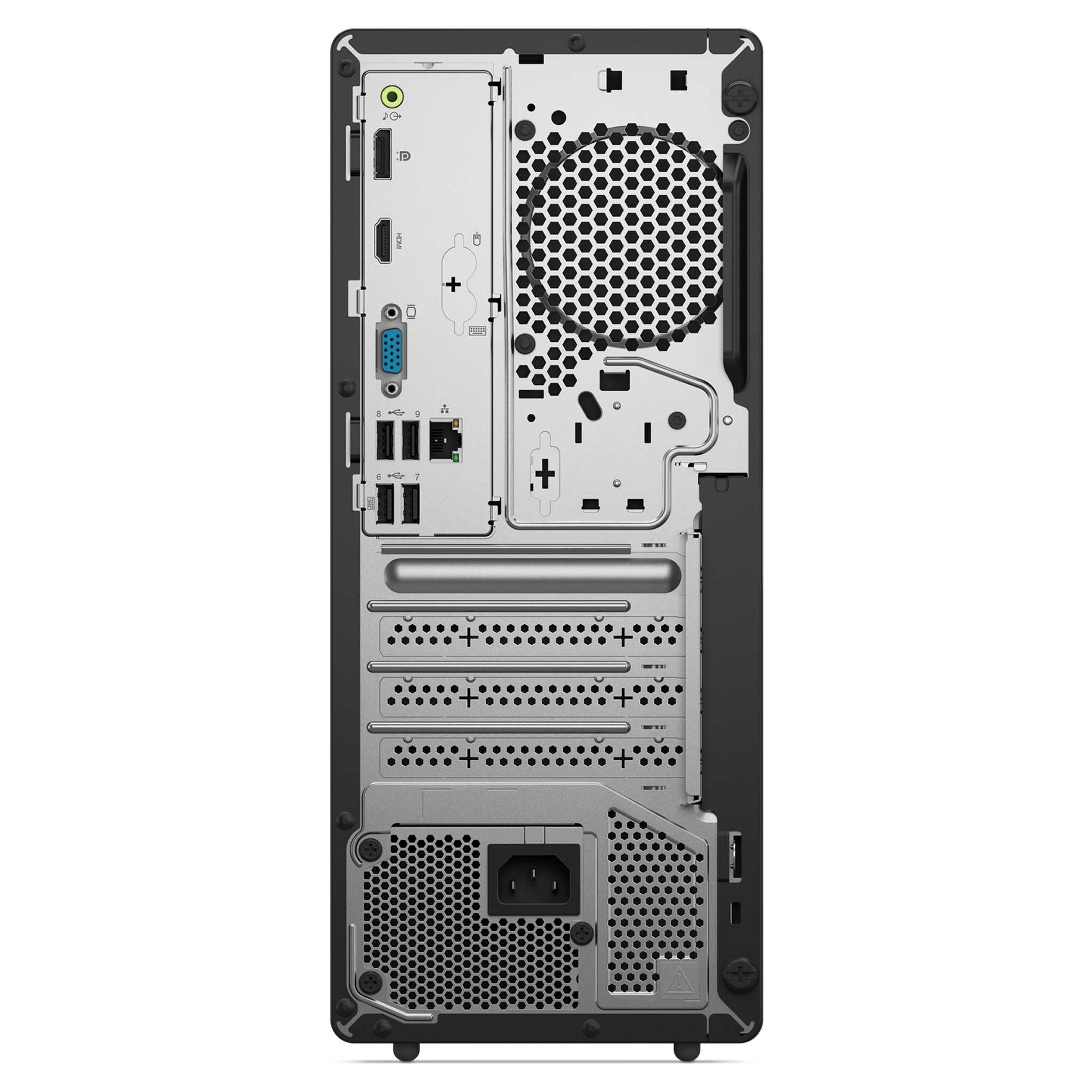PC'nin arkası: USB, HDMI, VGA, ses, Ethernet ve güç girişleri mevcut.