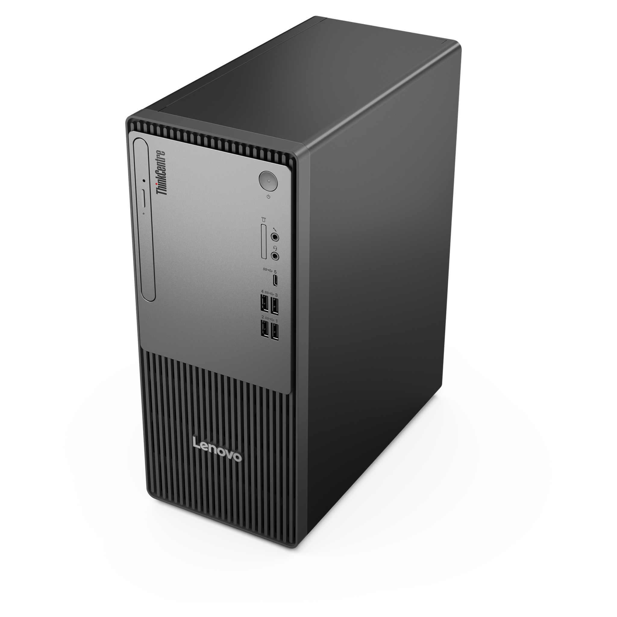 Gümüş ön panele ve bağlantı noktalarına sahip siyah Lenovo ThinkCentre masaüstü bilgisayar.