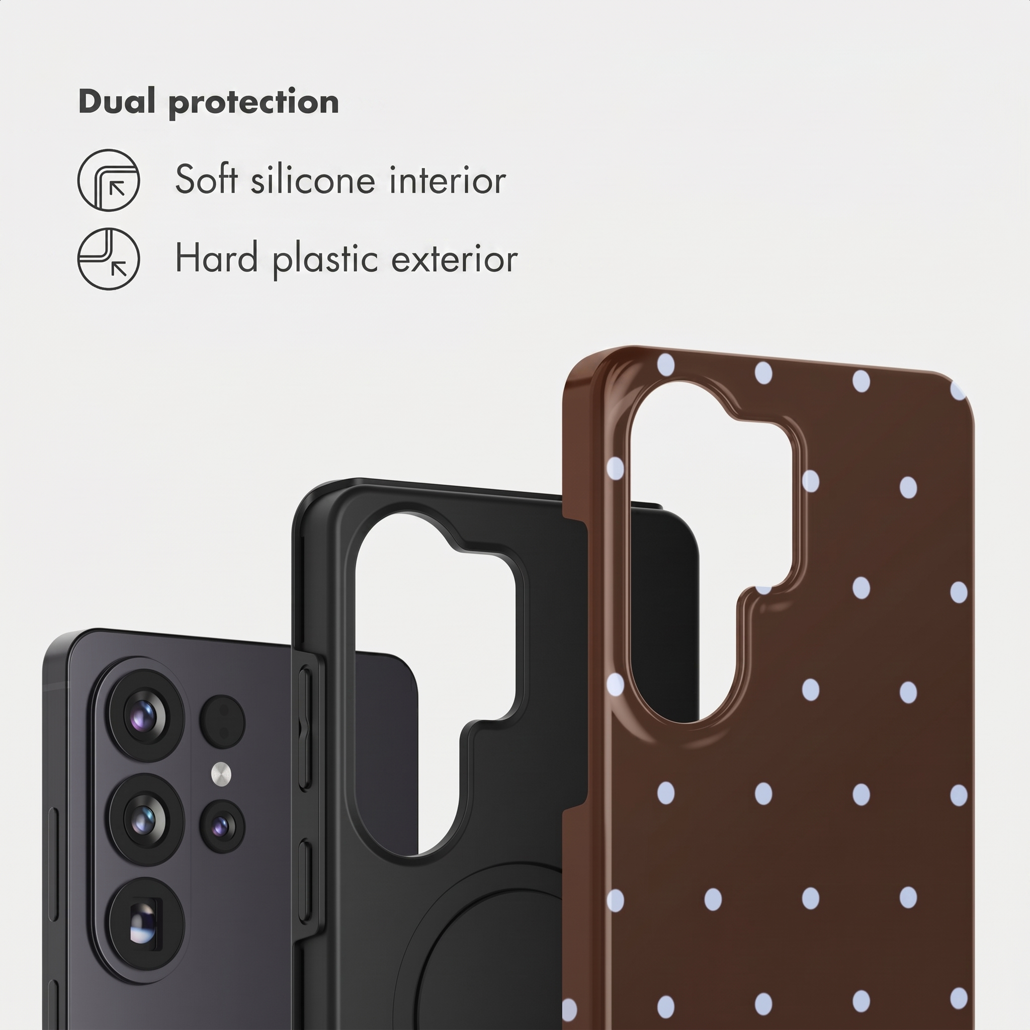 Tres fundas de teléfono: una negra, una negra y una marrón con puntos blancos.