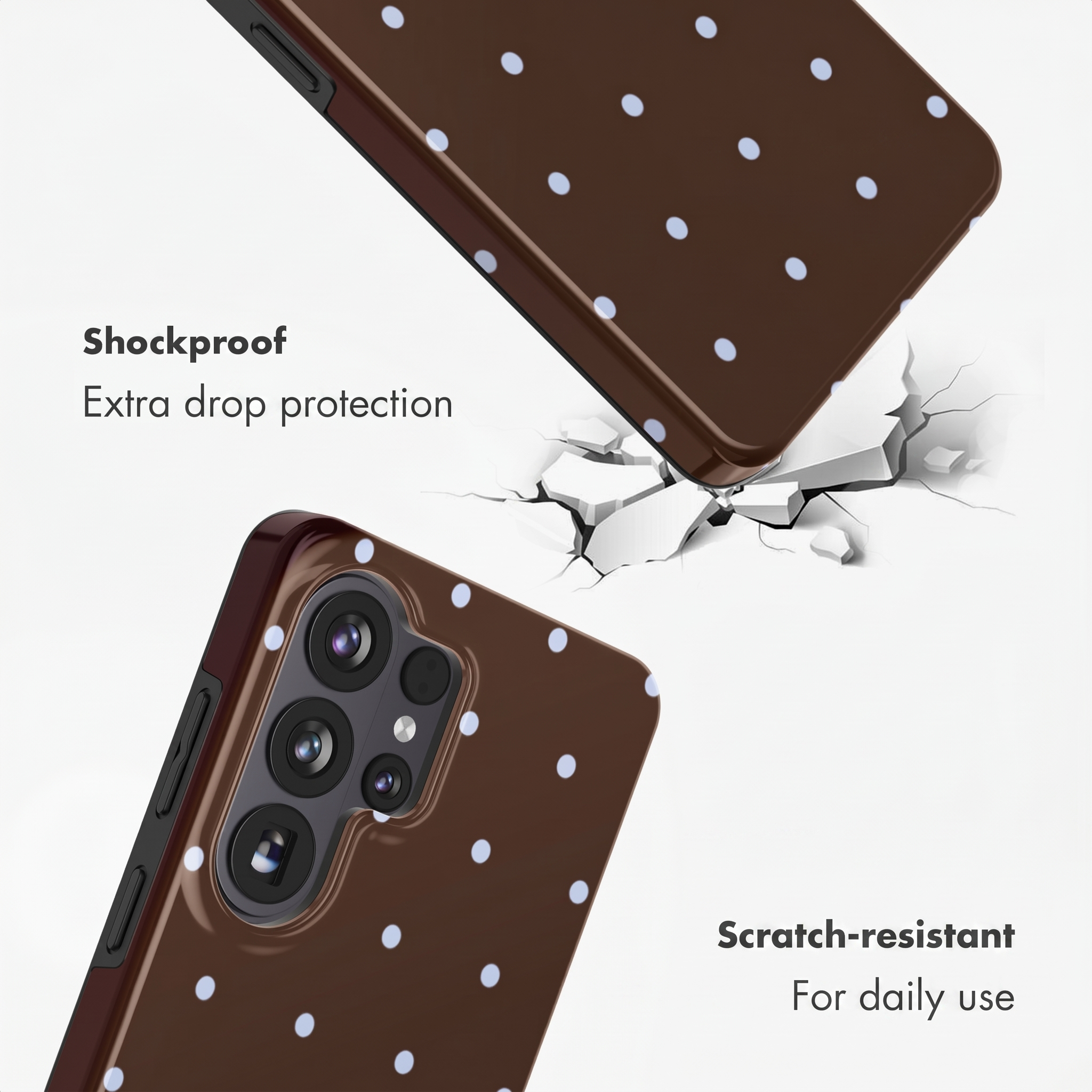 Funda de teléfono marrón con lunares blancos protegiendo contra roturas.