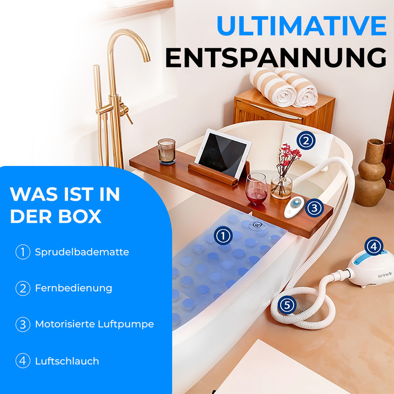 Aufblasbare Badematte mit Pumpe und Fernbedienung im Badezimmer aufgestellt.
