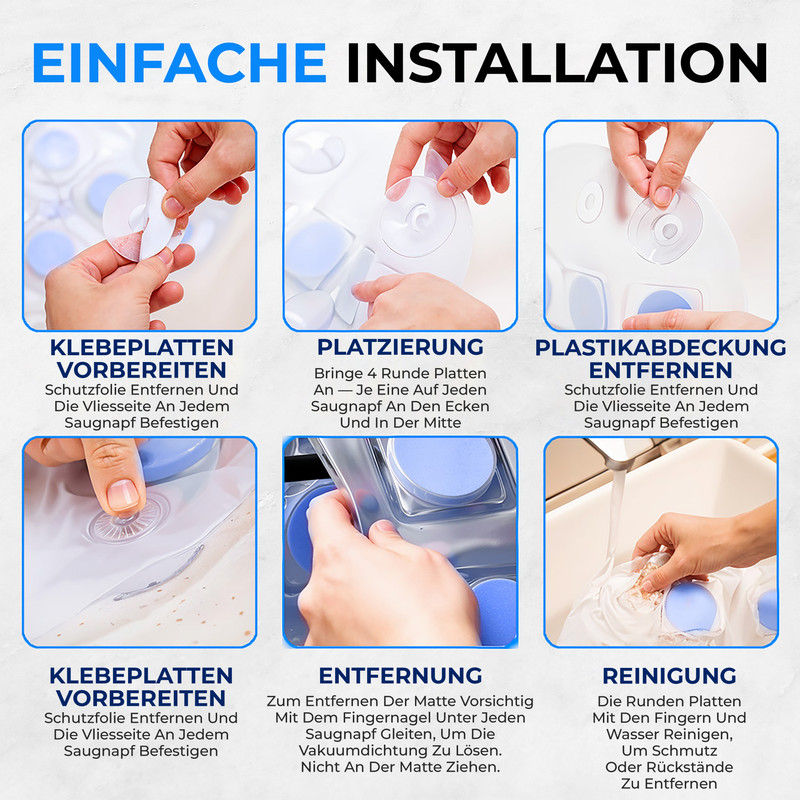 Schritt-für-Schritt-Anleitung für einfache Installation: Klebeplatten vorbereiten, platzieren, Abdeckung entfernen.