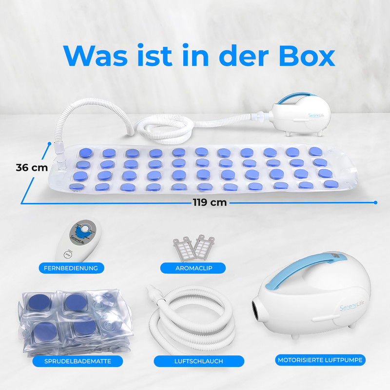 Badematte mit Luftpumpe, Fernbedienung und Zubehör in einer Box.
