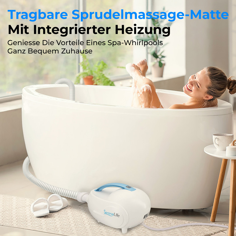 Frau genießt ein Bad mit Sprudelmassage-Matte und Heizung. Ein Gerät steht daneben.