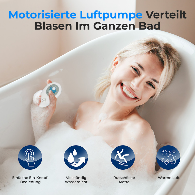 Frau in der Badewanne hält eine Luftpumpe. Icons zeigen einfache Bedienung, Wasserdichtigkeit, Matte, warme Luft.