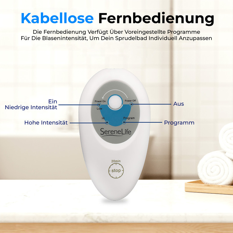 Weiße Fernbedienung mit Knöpfen für Ein/Aus, Intensität und Programm. Angezeigt sind niedrige und hohe Intensität.