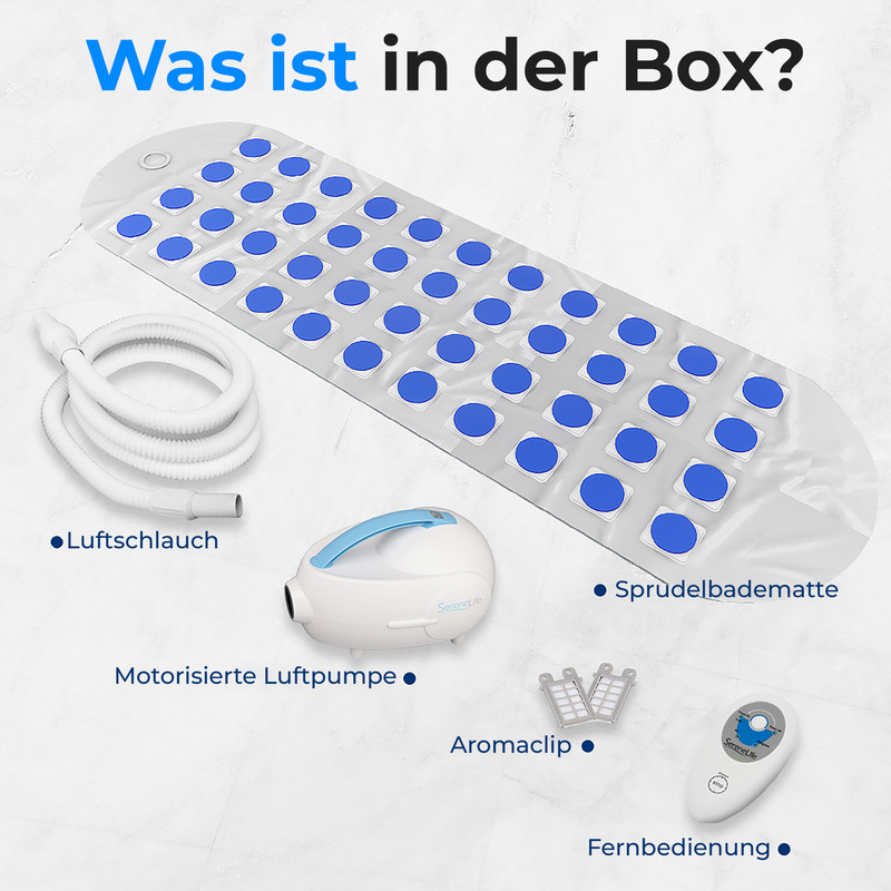 Das Bild zeigt eine aufblasbare Sprudelbadematte mit Zubehör: Luftschlauch, Pumpe, Aromaclip und Fernbedienung.