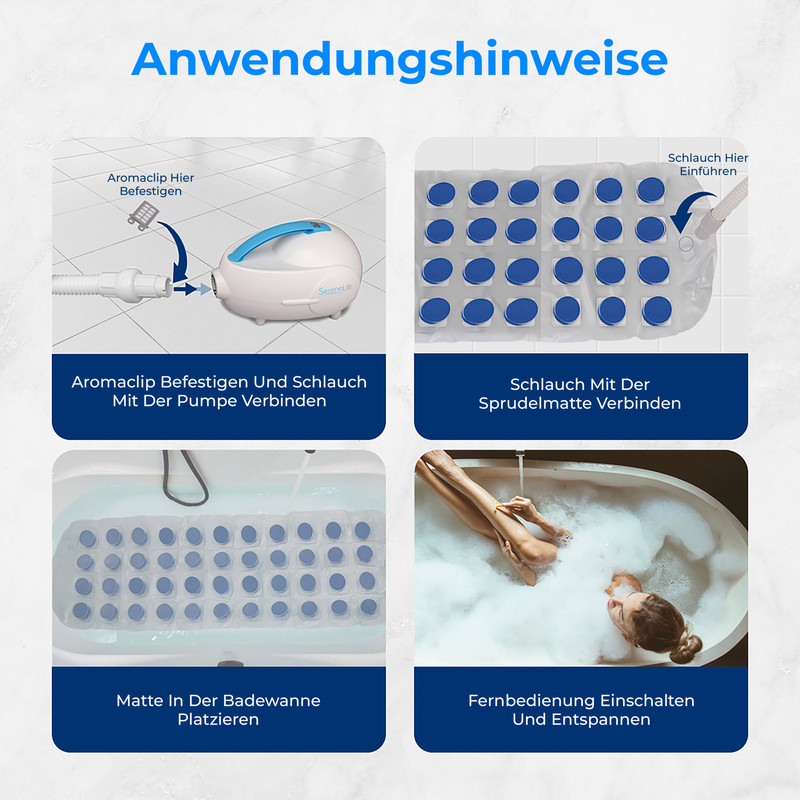 Vier Schritte zur Anwendung eines Sprudelbades: Pumpe verbinden, Matte befestigen, platzieren, entspannen.