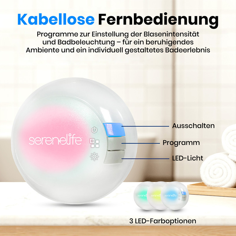 Kabellose Fernbedienung mit drei LED-Farboptionen und Tasten für Ausschalten, Programm, LED-Licht.