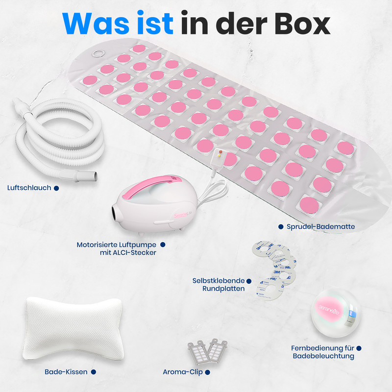 Ein Sprudel-Badematte Set mit Luftschlauch, Pumpe, Kissen, Aroma-Clip & Fernbedienung.
