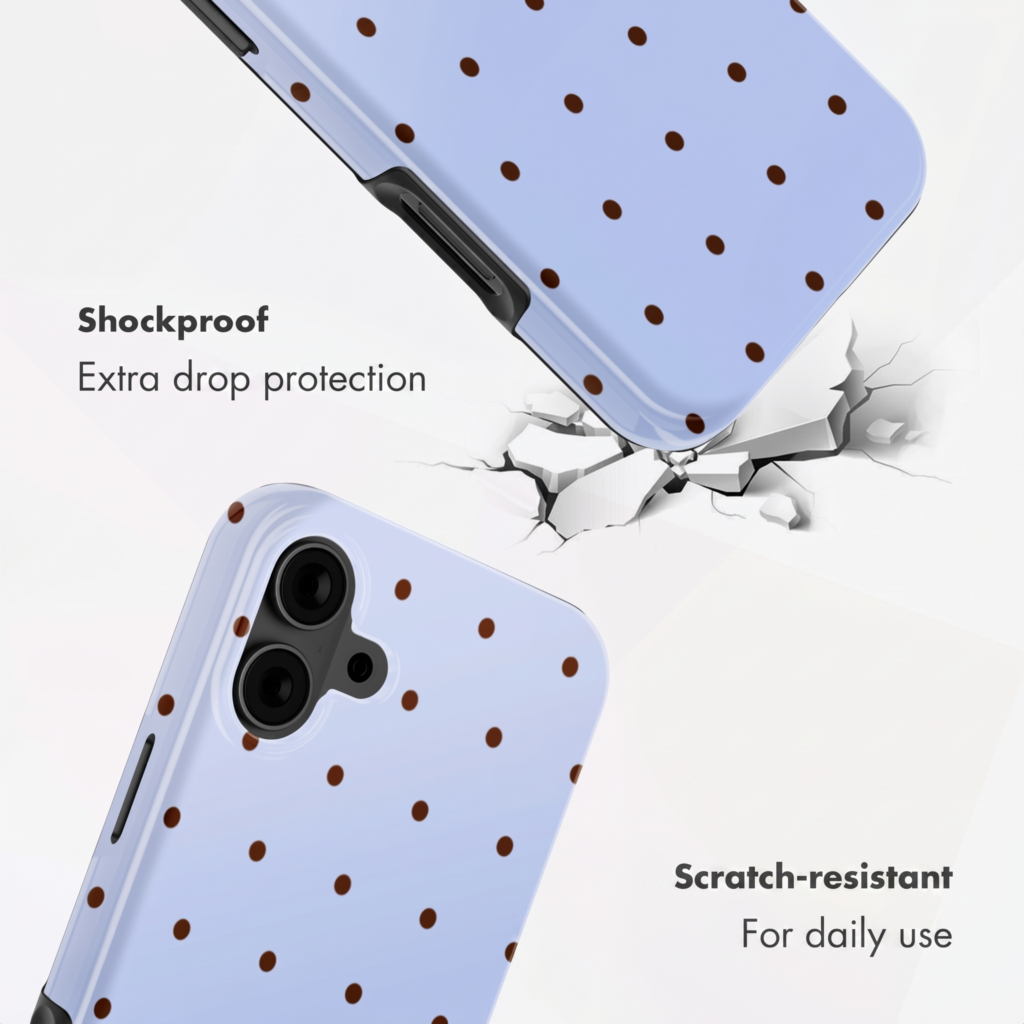 Ein hellblaues Handyhölle mit braunen Punkten und "Shockproof" Text.