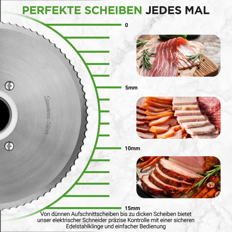 Schneidemaschine mit Skala und drei Bildern von Fleischscheiben in verschiedenen Dicken.