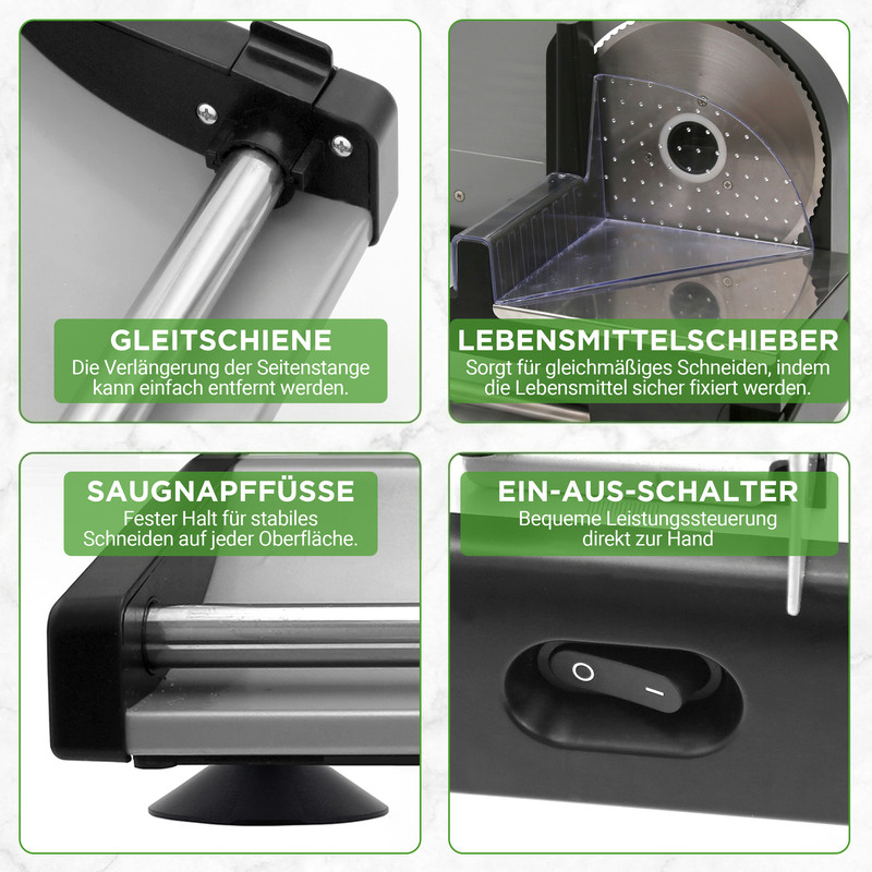 Vier Bilder zeigen Details einer Schneidemaschine: Gleitschiene, Lebensmittelschieber, Saugnapffüße, Schalter.