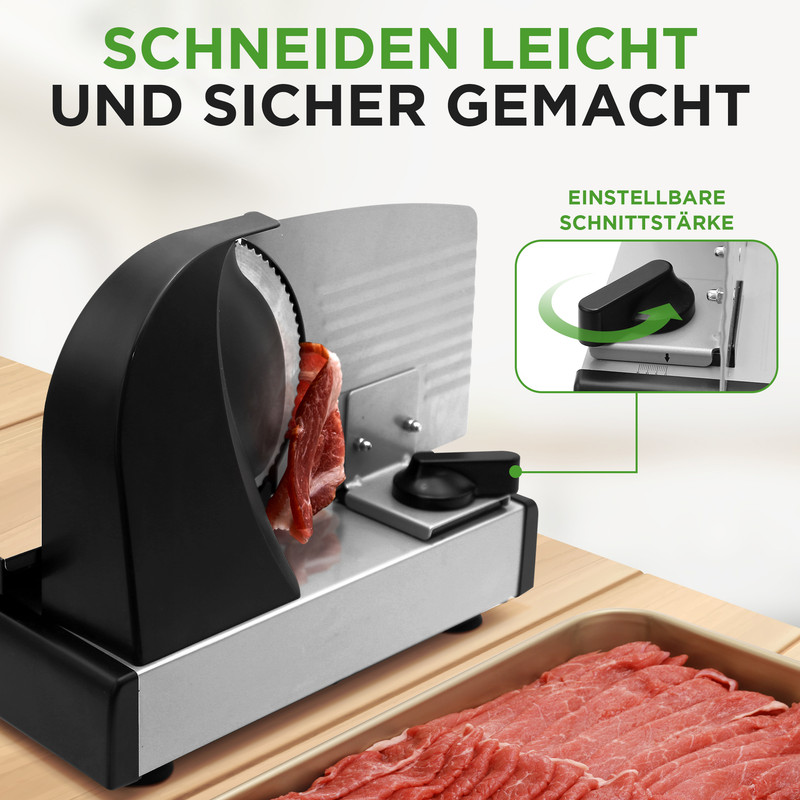 Ein elektrischer Fleischschneider mit Fleischscheiben und einstellbarer Schnittstärke.
