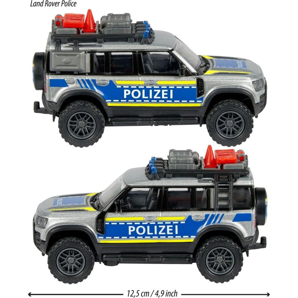 Zwei silberne Spielzeug-Polizeiautos mit blauen "POLIZEI"-Aufklebern.