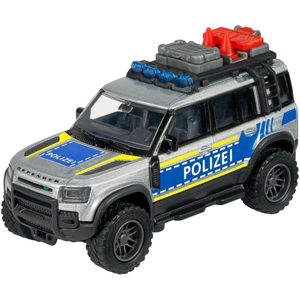Silbernes Spielzeug-Polizeiauto mit blauen Lichtern und "Polizei"-Aufschrift.