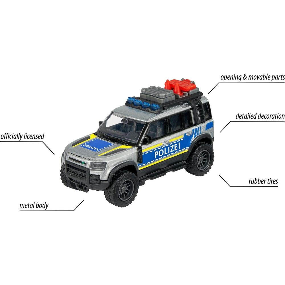 Ein silberner Polizei-Geländewagen mit blauen Lichtern und roten Kegeln.