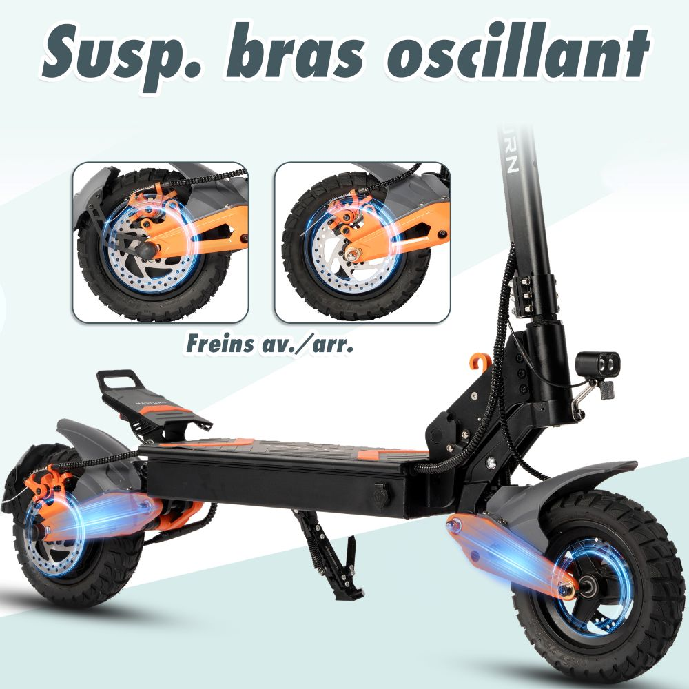 E-scooter con sospensioni e freni a disco, vista ruota anteriore e posteriore.