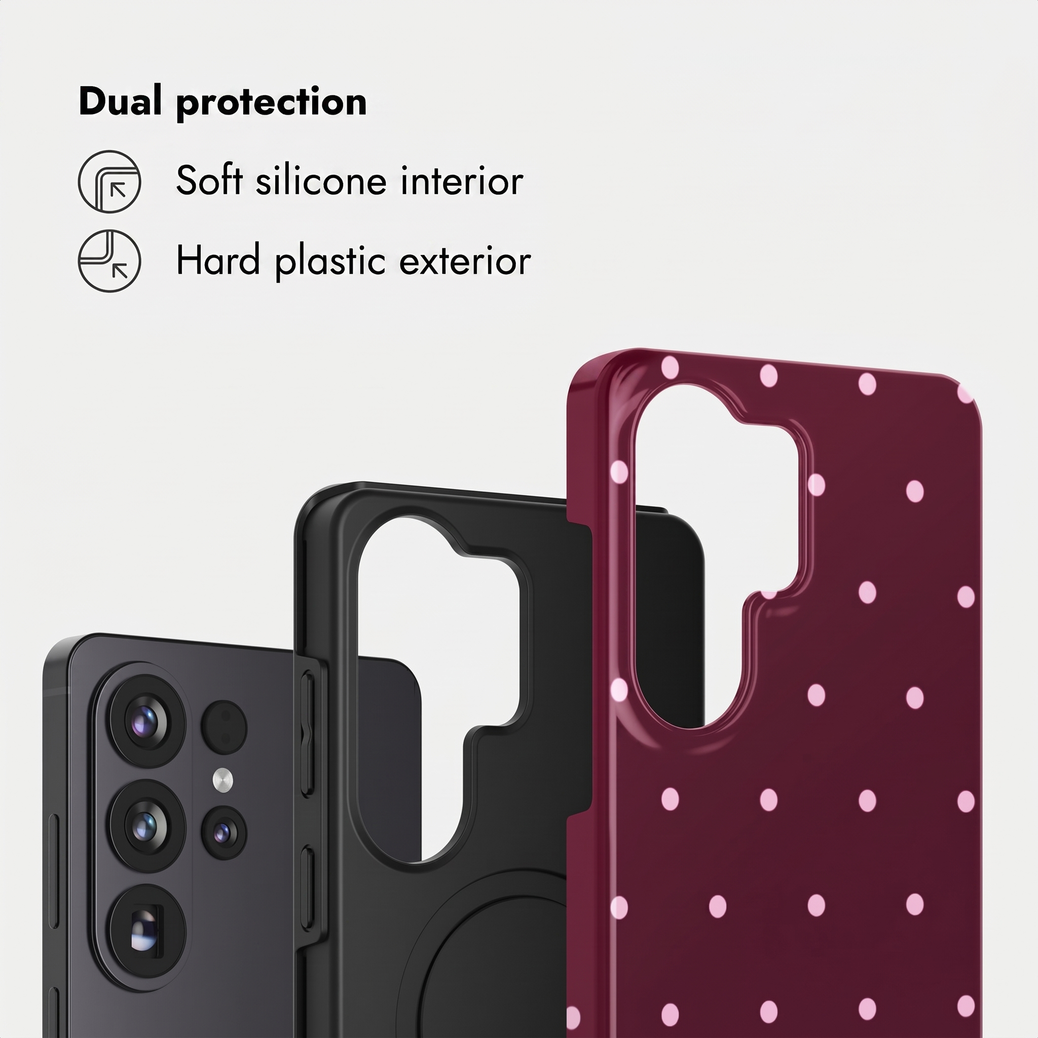 Ein schwarzes Handy mit Kameramodul, daneben eine schwarze Hülle und eine gemusterte Hülle.