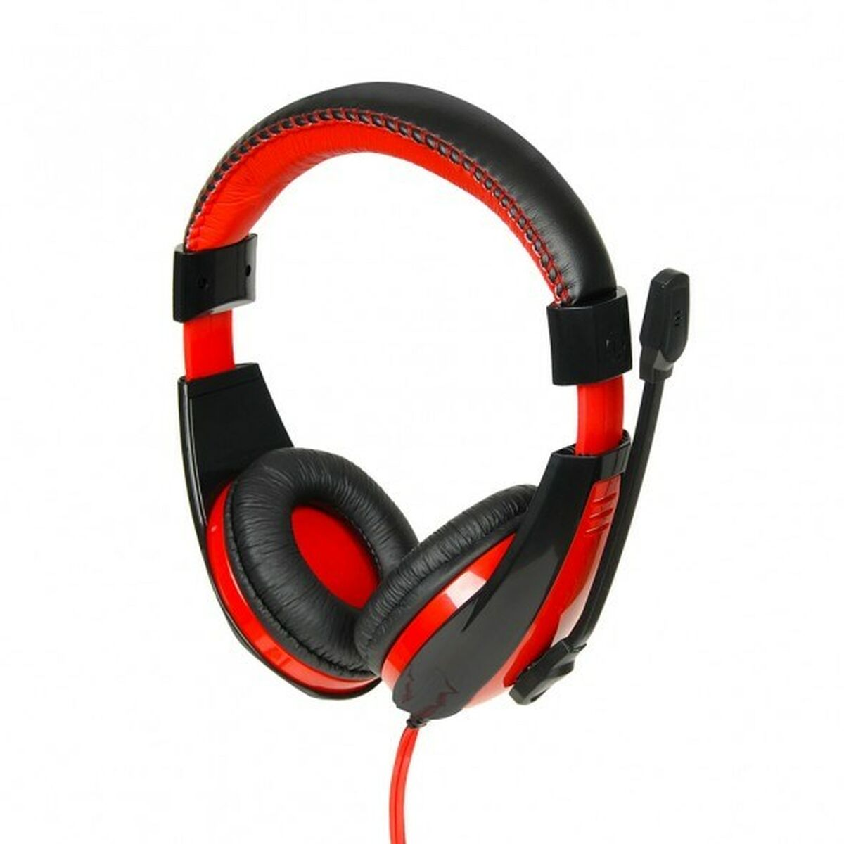 Cuffie da gaming rosse e nere con microfono su sfondo bianco.