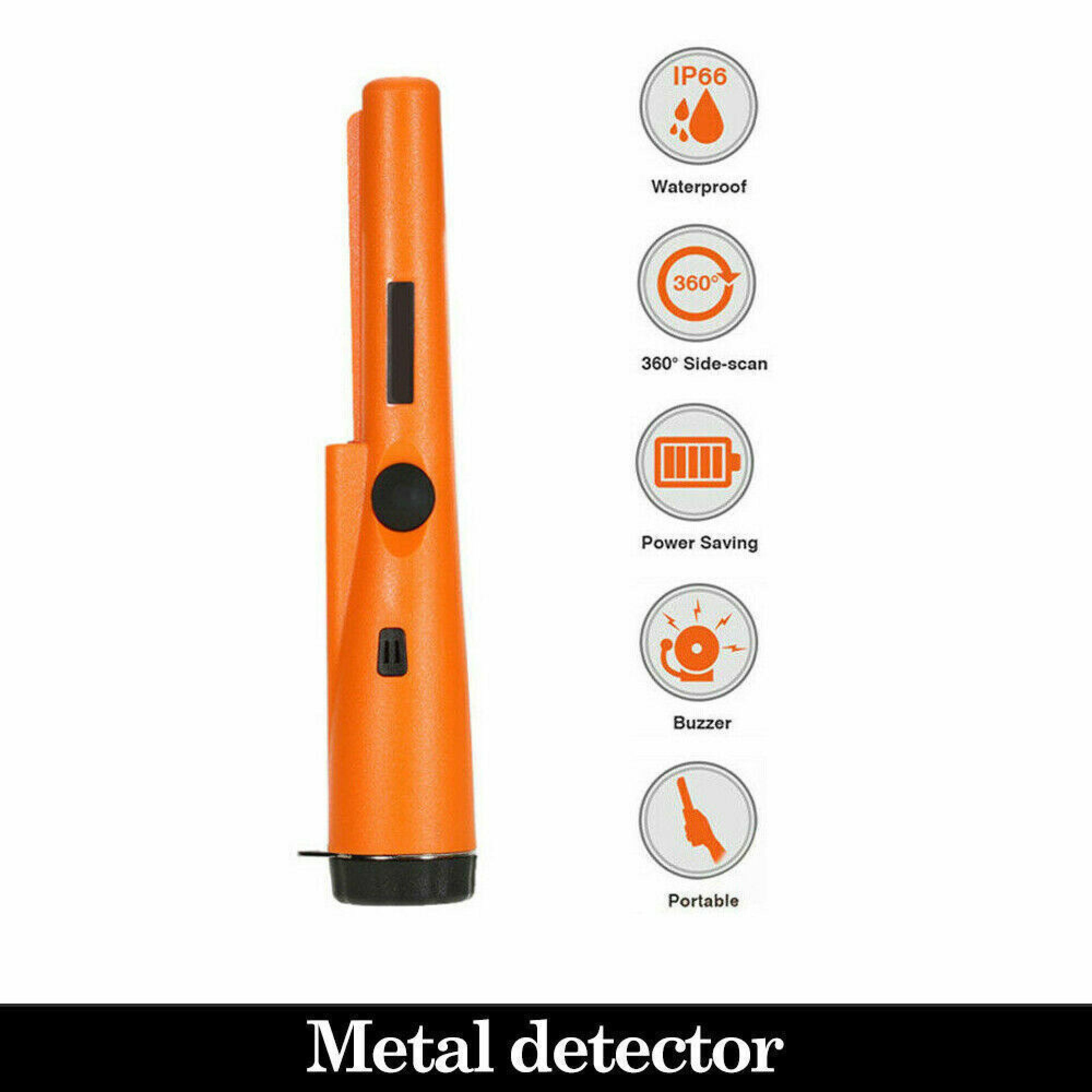Orangefarbener Metallldetektor mit Funktionen: wasserdicht, 360 Grad Scan, Stromsparen.
