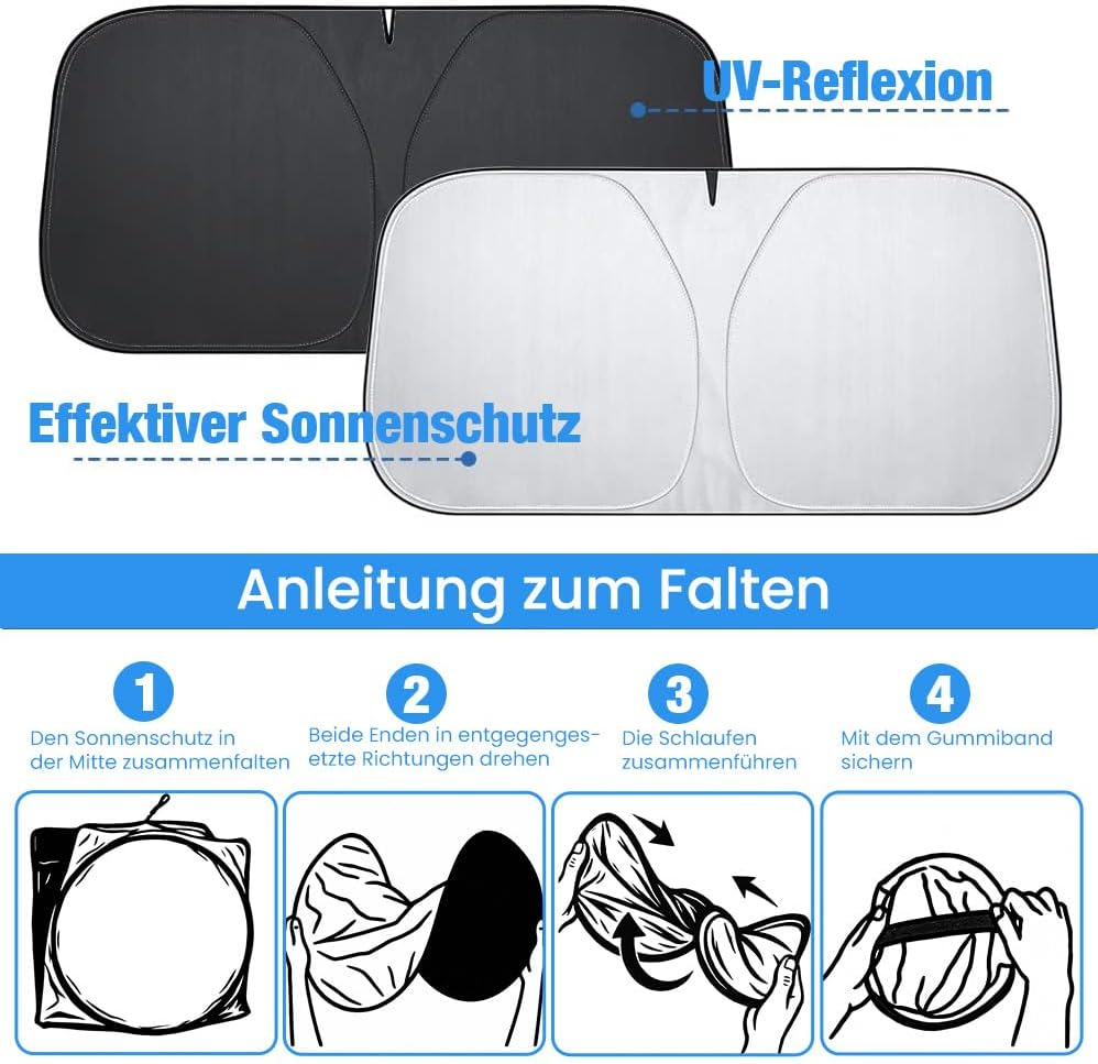 Anleitung zum Falten eines Sonnenschutzes mit 4 Schritten: Zusammenfalten, drehen, Schlaufen führen, sichern.