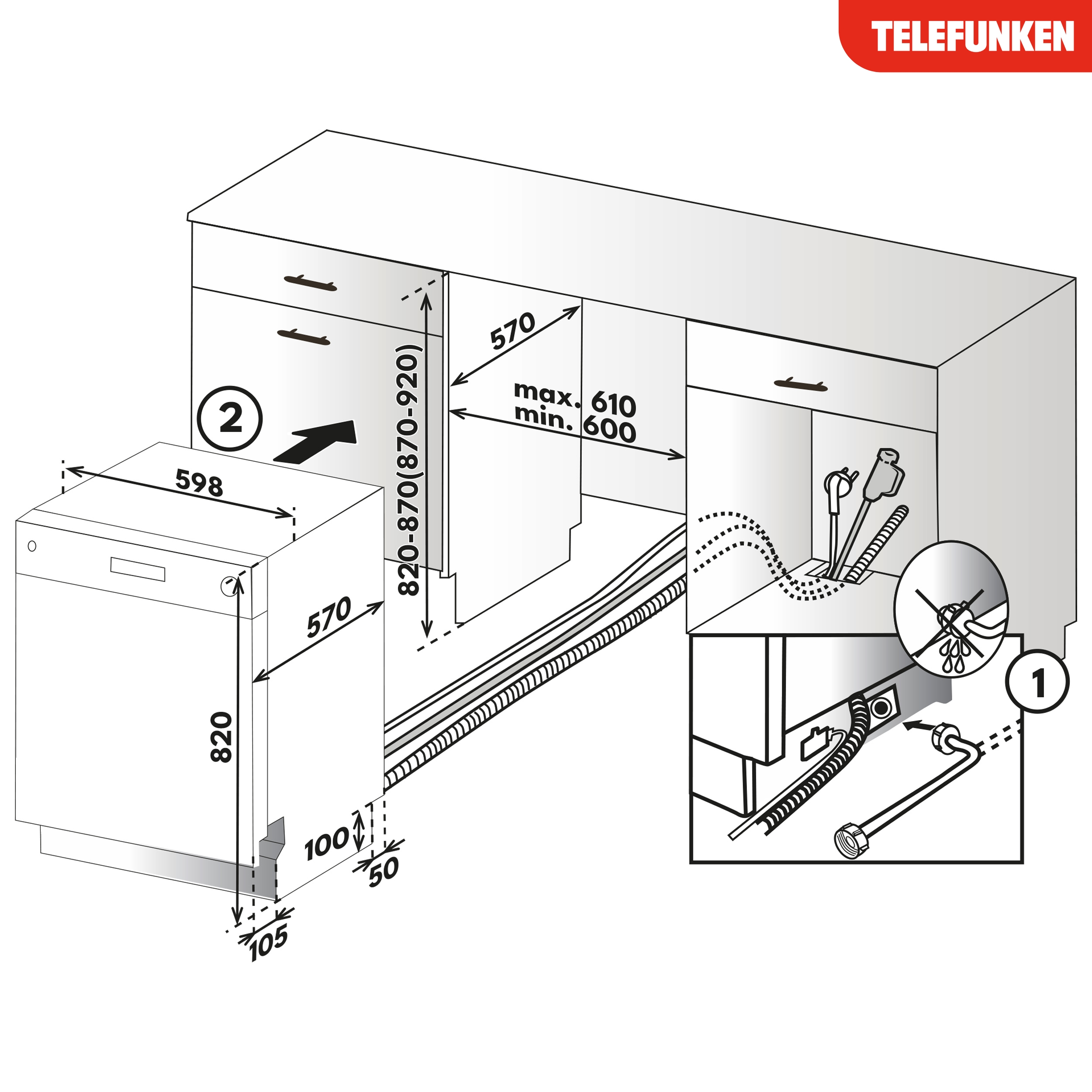 Diagramm einer Spülmaschine mit Maßen und Anschlüssen.