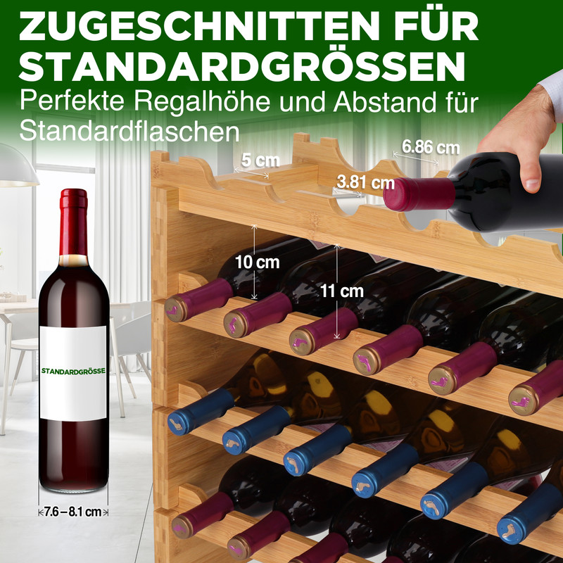 Weinregal aus Holz mit Flaschen und Maßen für Standardflaschen.