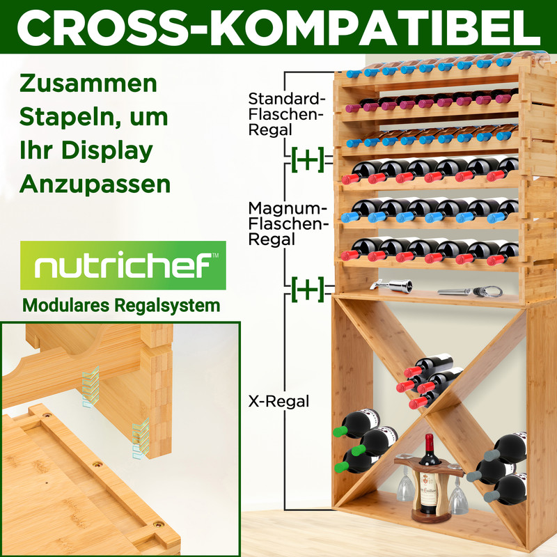 Ein modulares Weinregal aus Bambus mit mehreren Ebenen für Standard- und Magnumflaschen.