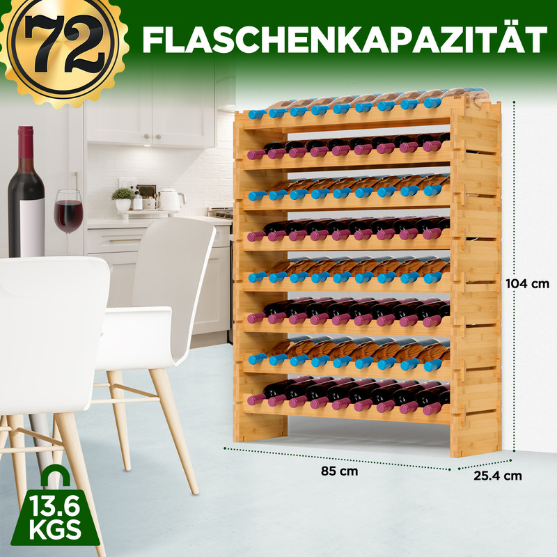 Bambus Weinregal für 72 Flaschen, 104x85x25,4 cm, mit Flaschen und Gläsern.