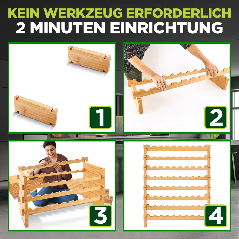 Schritt-für-Schritt-Anleitung zum Zusammenbau eines Weinregals aus Holz.