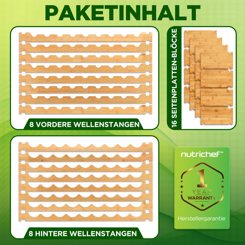 Holzstäbe für Flaschenregal: 8 vordere, 8 hintere, 16 Seitenplatten.